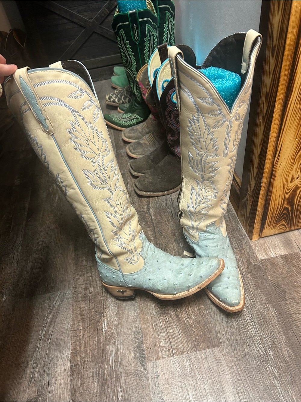 Over-the-Knee Western Boots in Light Blue and Cream